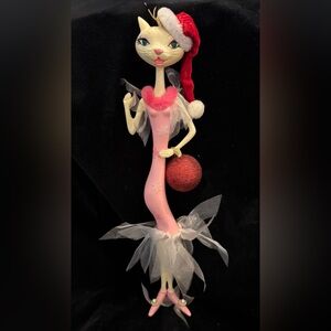 Anthropomorphic Cat Ornament in Pink Dress with Santa Hat & Red Glitter Ball Bag